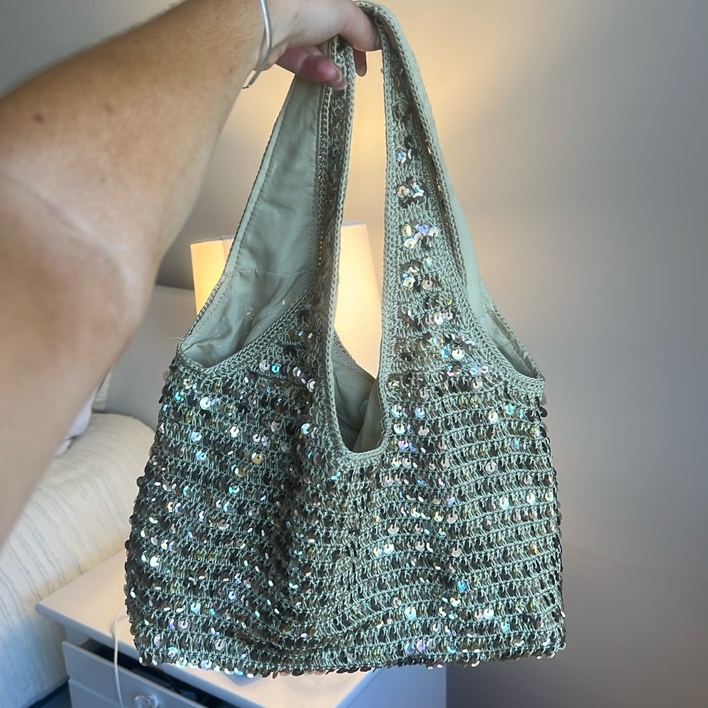 Gold Crocheted Boho Style Sequined Shoulder Bag